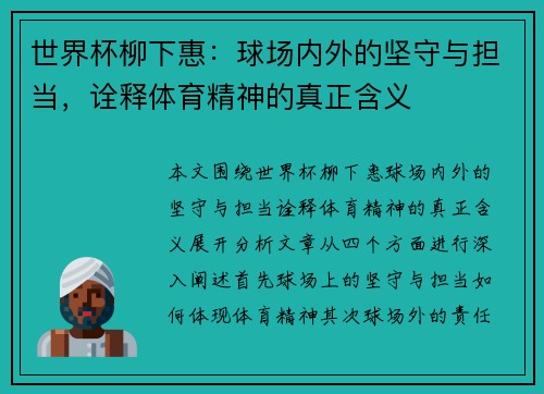世界杯柳下惠：球场内外的坚守与担当，诠释体育精神的真正含义